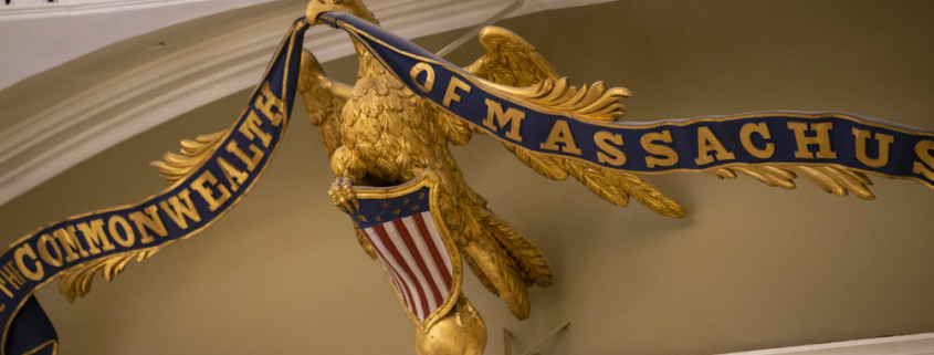 The banner which reads,”God Save the Commonwealth of Massachusetts” in the eagle’s mouth was removed and refurbished, however the eagle posed problems for removal, so it was repainted on the wall. (Jesse Costa/WBUR)